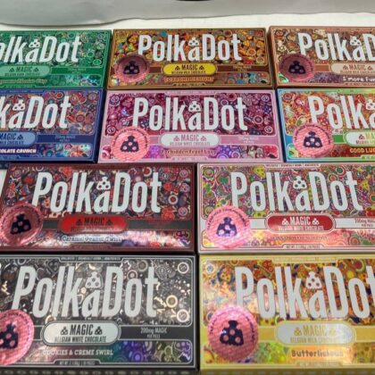 Polkadot Shroom Bars

(25) pcs. $325 ( $13 each)
(50) pcs. $600 ($12 each)
(100) pcs. $1,100 ($11 each)

Flavors 
- Peppermint Chocolate Crisp
- Torrone Delight
- S’more Fun
- Krispy Chocolate Crunch
- Forbidden Fruit Loop
- Good luck Charms
- Caramel Peanut Twist
- Cinnamon French Toast
- Cookies & Creme Swirl
- Butterlicious

2-day USPS and 3% money transfer is included in the price